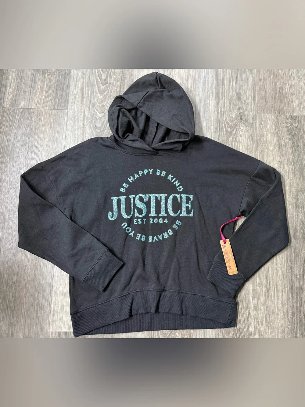 Justice Girls Happy Kind Brave Blue Glitter Hoodie Large 12/14 Black